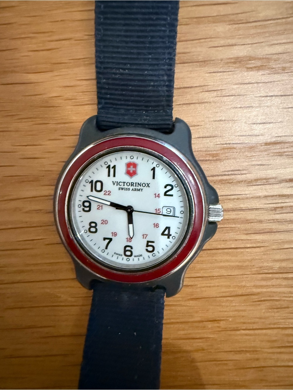 Vintage Victorinox Swiss Army Watch White Dial Red Bezel Date Nylon Strap Swiss